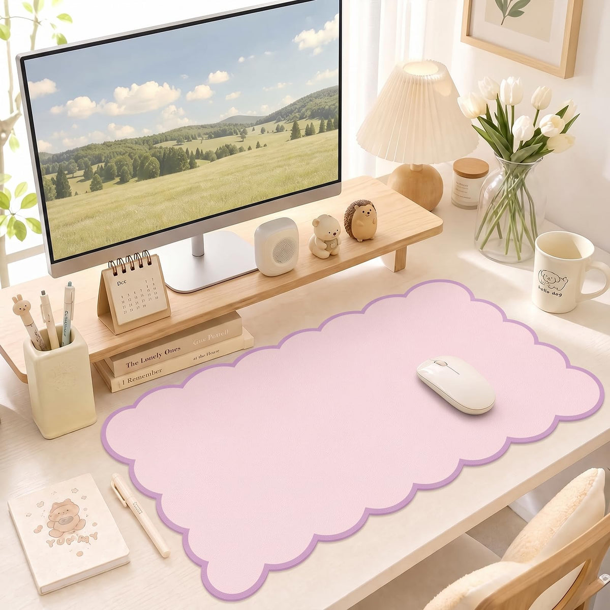 Scalloped Desk Mat,31.5"x15.7" Large Mouse Pad for Desk Pad,Beige