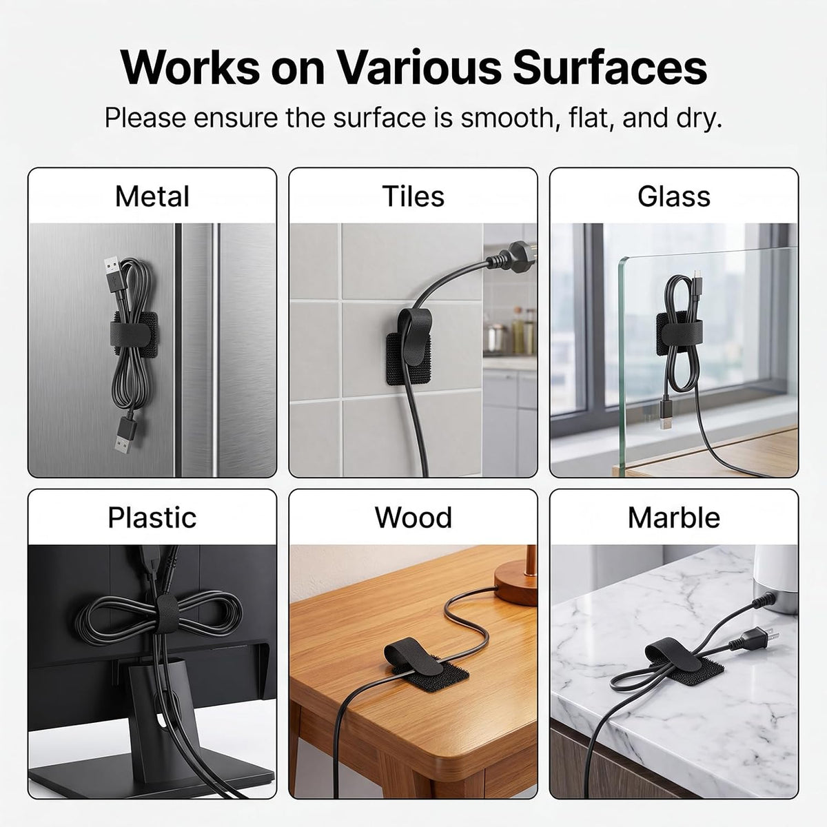 100 Pcs Cable Management Under Desk, Hook and Loop Cable Straps, Black