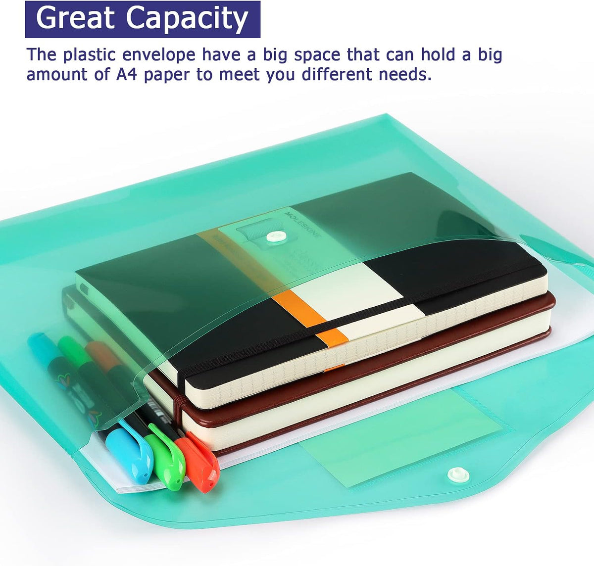6 Pack Clear Document Folders Plastic Envelopes, A4 Size, 6 Colors