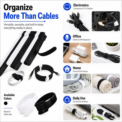 70pcs Cable Ties Reusable Black and White Wire Ties Cable Management Cord Ties Reusable for Electronics Hook and Loop Cable Ties for Computer 4 6 8 Inch