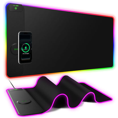 Wireless Charging Mouse Pad with Foldable Phone Holder, 31.5"x15.8", Black