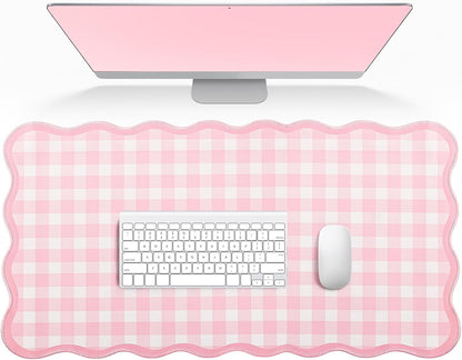 Scalloped Gingham Pink Desk Mat,Large Cute Desk Pad for Keyboard Mouse,Girly Mouse Pad for Desktop Office