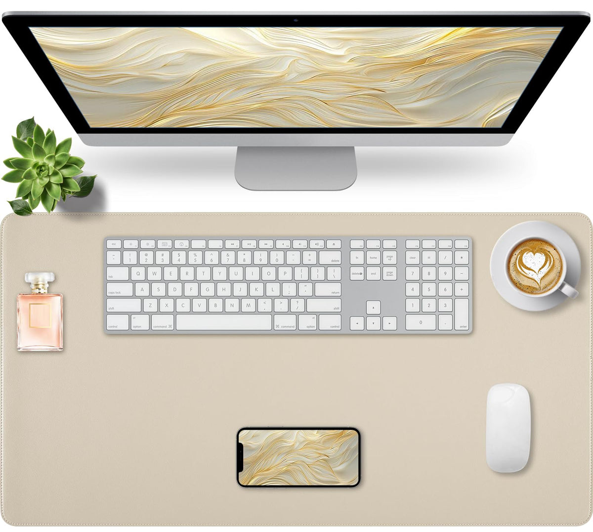Leather Desk Pad, Mouse Pad, Non-Slip Desk Protector Mat, Leather Desk Blotter, Computer Desk Pad, Waterproof Desk Mat for Office Home Decor - Beige (31.5×15.7 Inches)