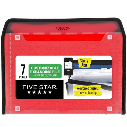 Five Star Expanding File Organizer + Study App, 7-Pocket Accordian File Organizer, Zipper Closure, Holds 8-1/2" x 11" Paper, Black (350099A-ECM)
