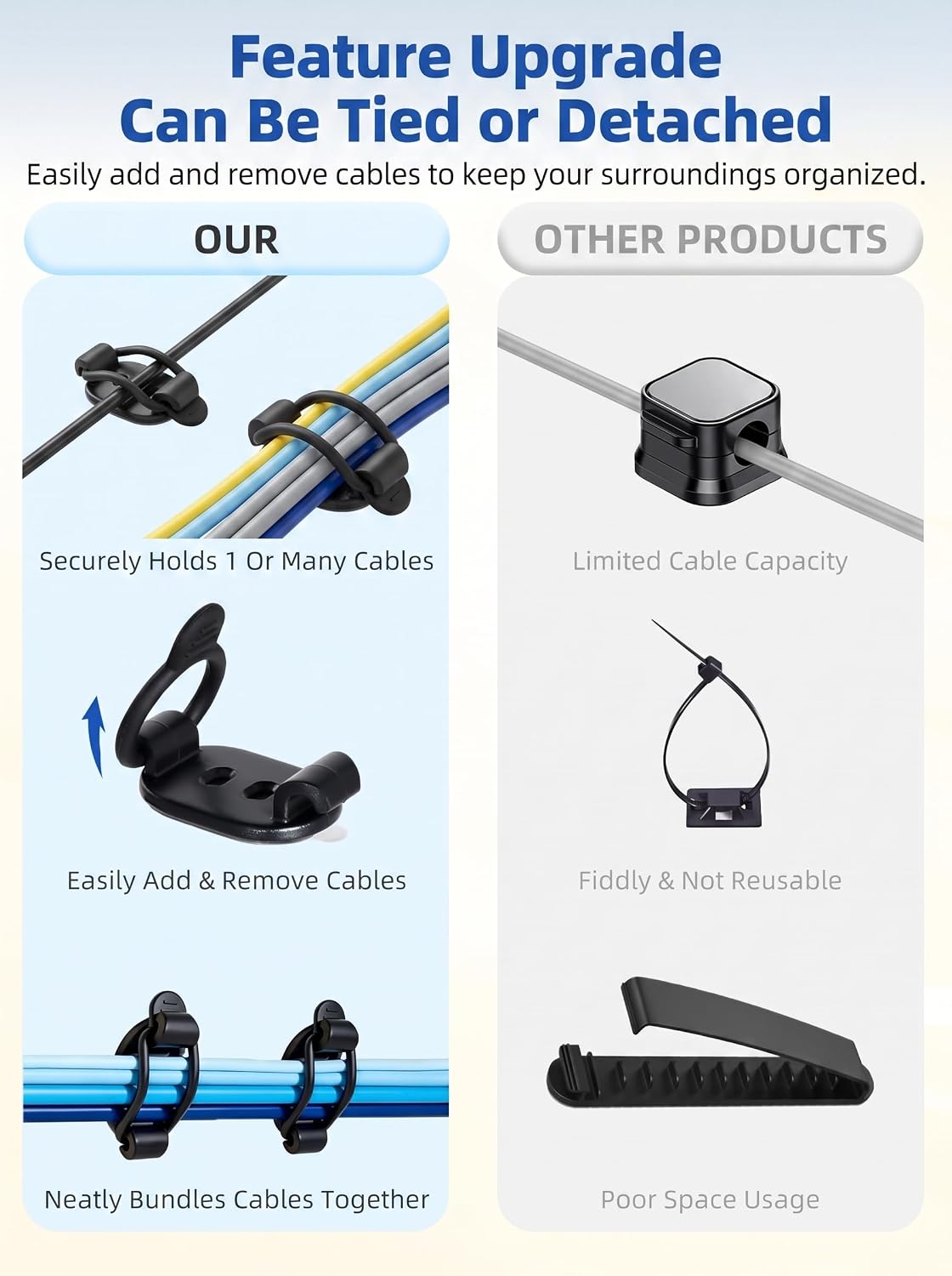 10 Pack Adhesive Cable Clips, Adjustable Cable Management Clips Black