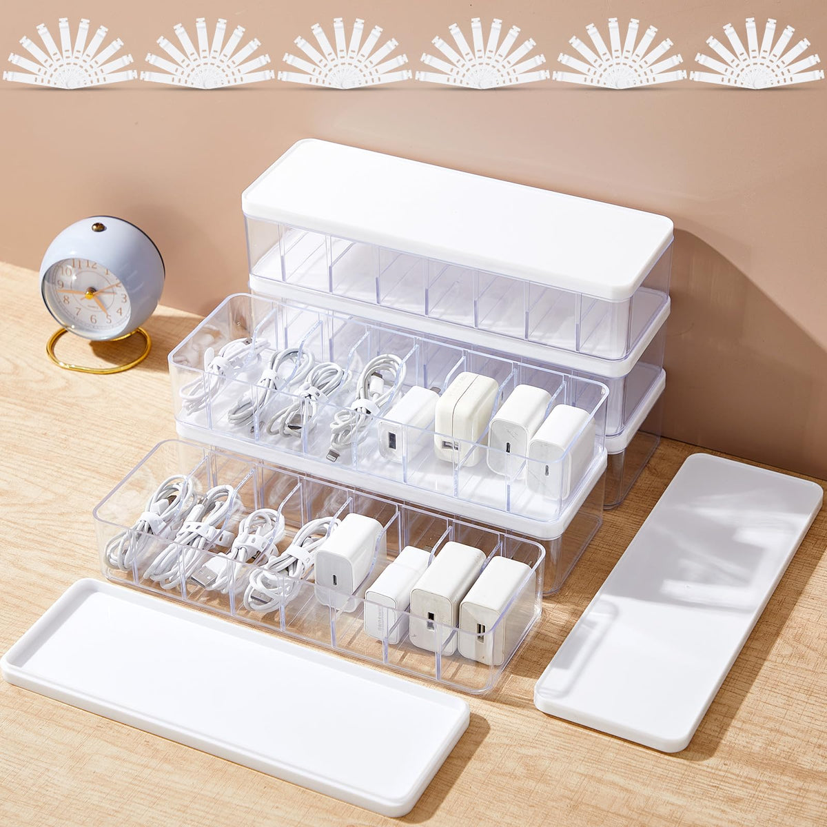 Tatuo Cord Organizer Box with Lid, Clear, 2 Pack