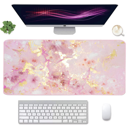 4-in-1 Large Gaming Mouse Pad, Keyboard Wrist Rest Pad & Wrist Support Mousepad Set, Extended Desk Pad Waterproof Desk Mat for Home Office Study Game-Pink Gold Marble