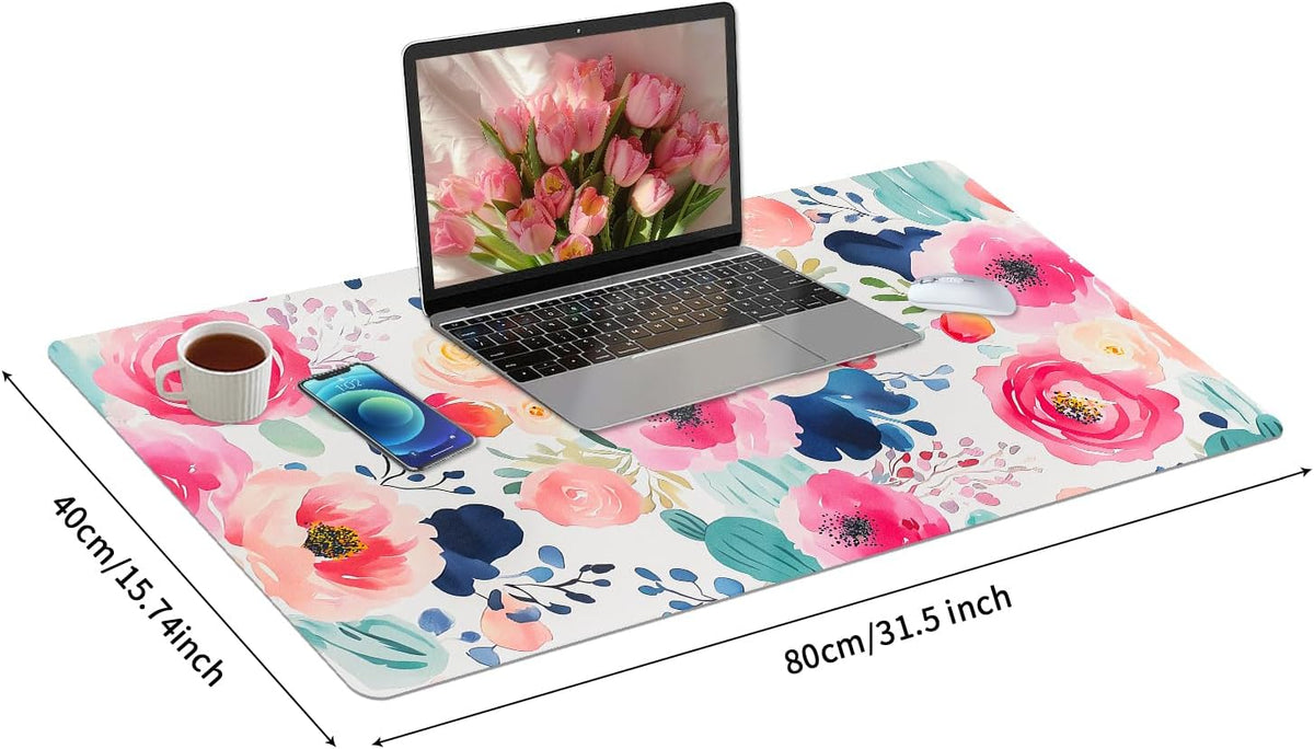 Bloss Pink Floral Desk Mat Cute, Leather Desk Pad, 31.5 x 15.7 Inch