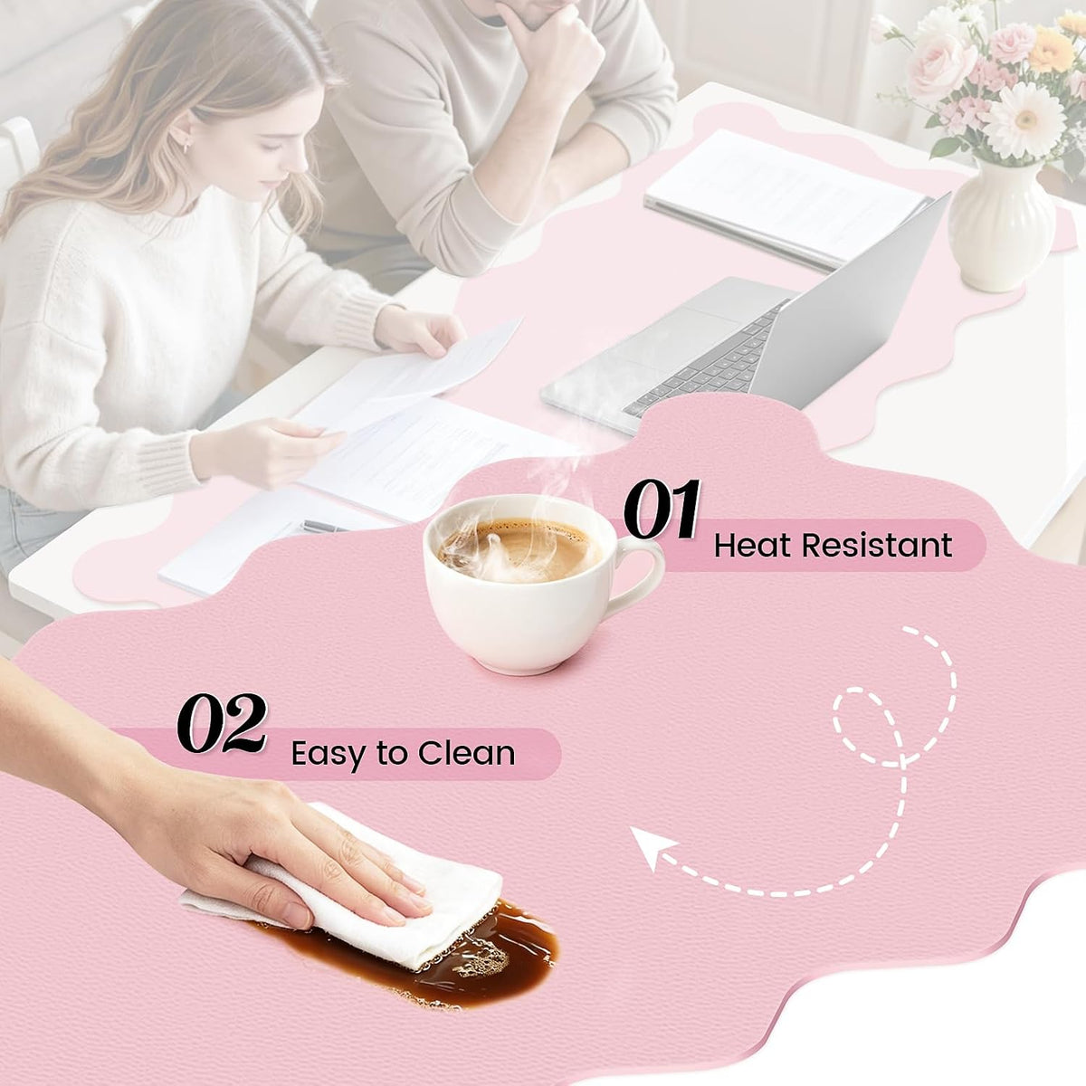 Scalloped Computer Desk Mat for Protection, 31.5 x 15.7 in, Pink
