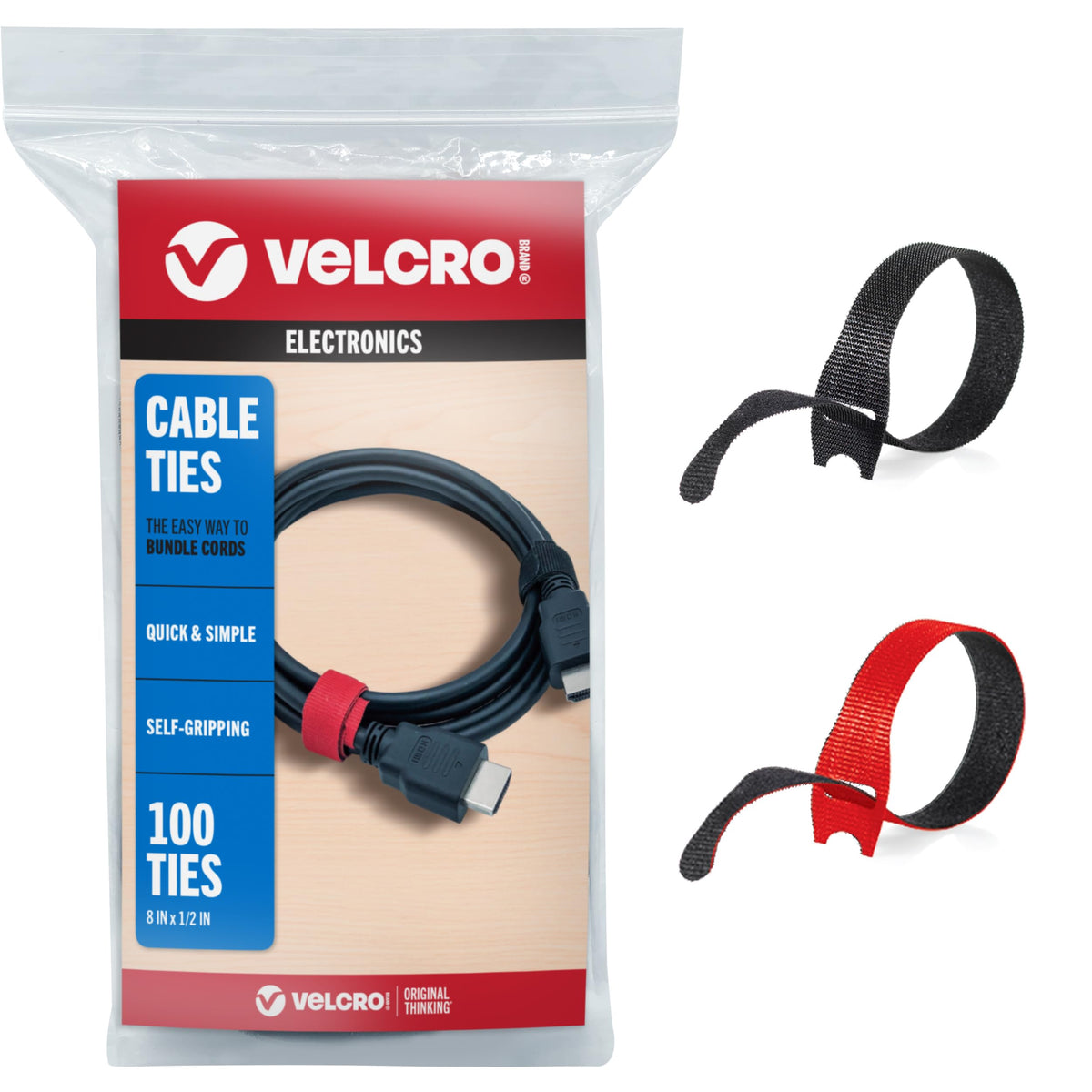 VELCRO Brand ONE-WRAP Cable Ties, 8in x 1/2in, Black, 100 Pack