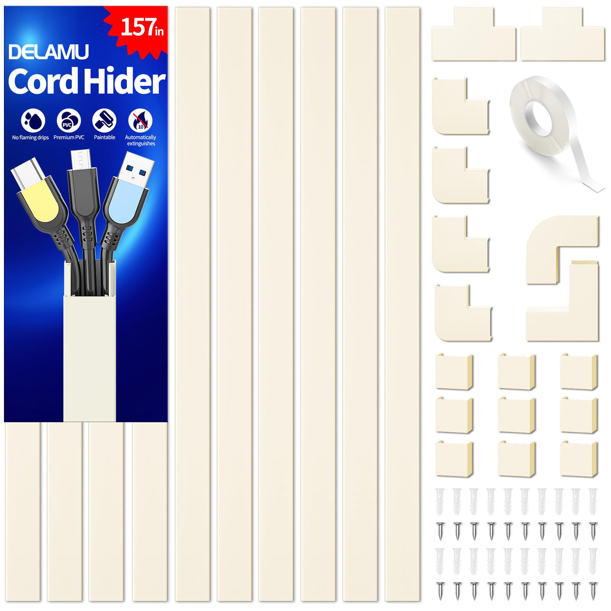 Delamu Cord Hider, 157in Wire Covers for Cords on Wall, Premium Cable Hider Cord Covers for Wires, Cable Management Wire Hiders for TV, Cable Raceway Kit, W0.95 H0.55in, White