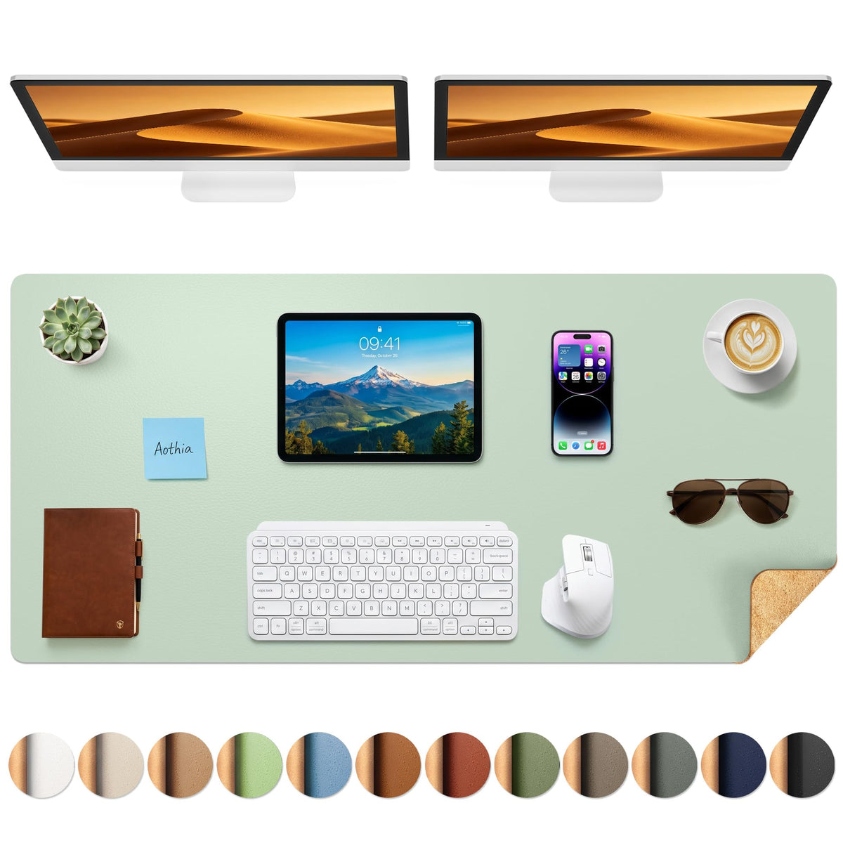 Aothia Double-Sided Desk Pad, 35.4" x 15.7"Leather Desk Mat, Eco Cork Desk Pad Protector,Large Mouse Pad,Waterproof Desk Blotter for Office/Home(Brown)