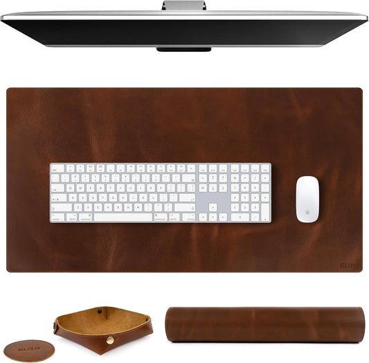 Elizo Real Leather Desk Mat Set (32x16) Large Desk Cover Desk Blotter Protector Computer Gaming Mouse Pad Table Laptop Office Desktop Accessories - Antique