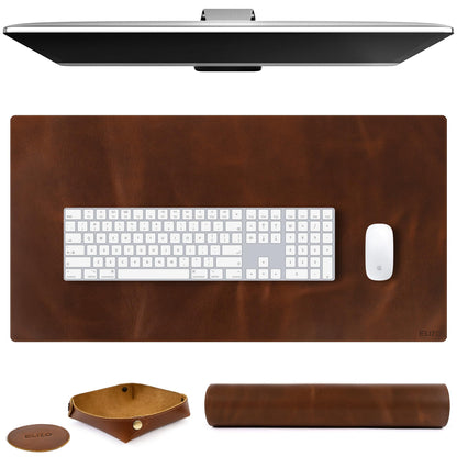 Elizo Real Leather Desk Mat Set (32x16) Large Desk Cover Desk Blotter Protector Computer Gaming Mouse Pad Table Laptop Office Desktop Accessories - Antique