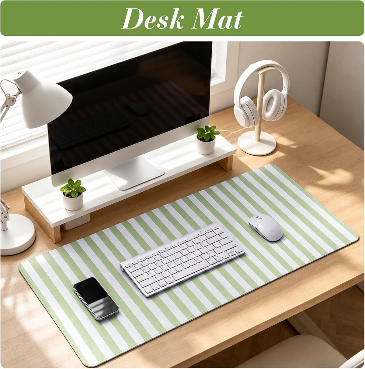 Green Striped Desk Mat Large Mouse Pad Cute Desk Pad Keyboard Computer Mat