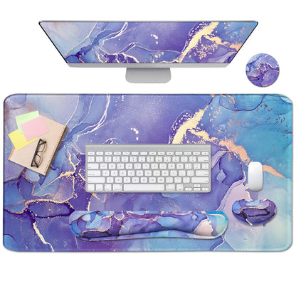 4-in-1 Large Gaming Mouse Pad, Keyboard Wrist Rest Pad & Wrist Support Mousepad Set, Extended Desk Pad Waterproof Desk Mat for Home Office Study Game-Pink Gold Marble