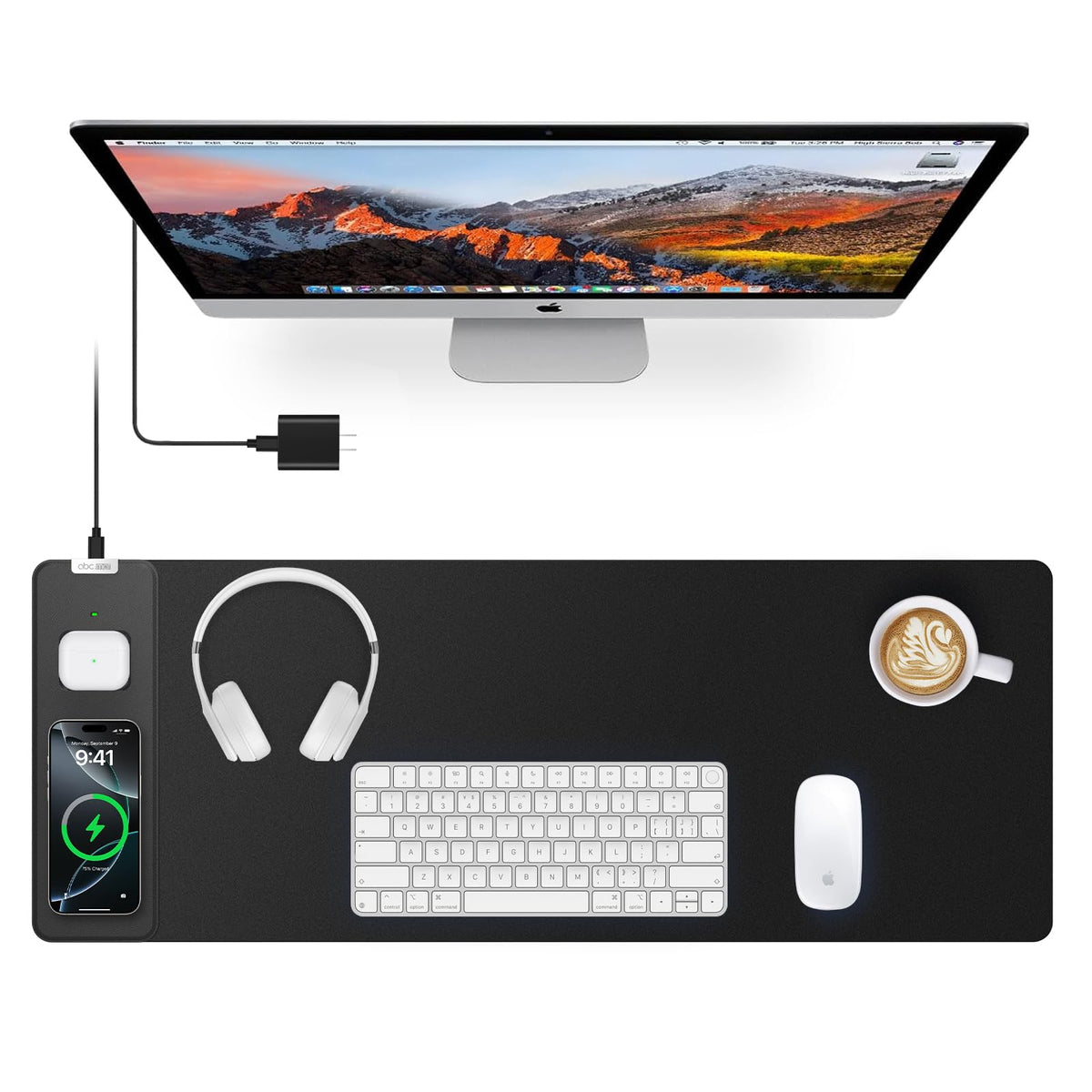 Wireless Charging Mouse Pad with Foldable Phone Holder, 31.5"x15.8", Black