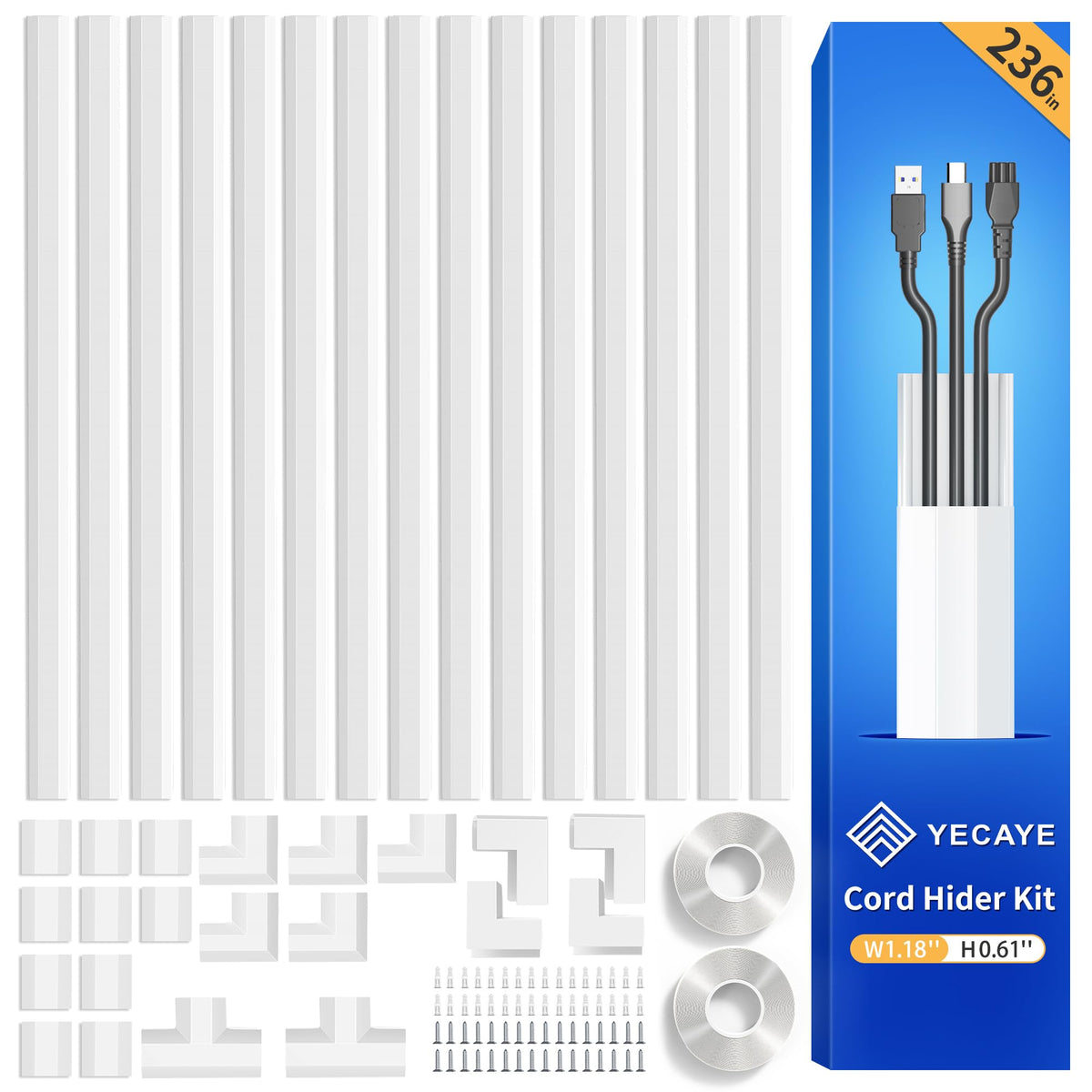 Yecaye TV Cord Hider, 42in Cord Cover Wall Mounted, W1.18in H0.6in, White