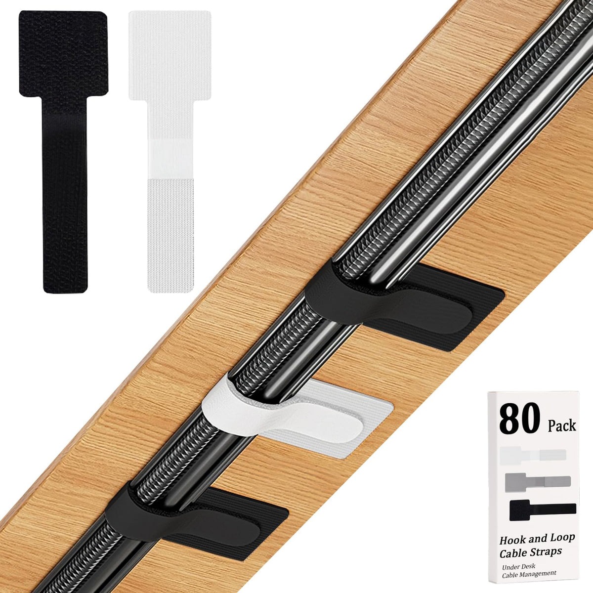 80PCS Hook and Loop Cable Straps, Cable Management Under Desk