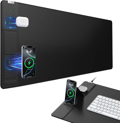 Wireless Charging Mouse Pad with Foldable Phone Holder, 31.5"x15.8", Black