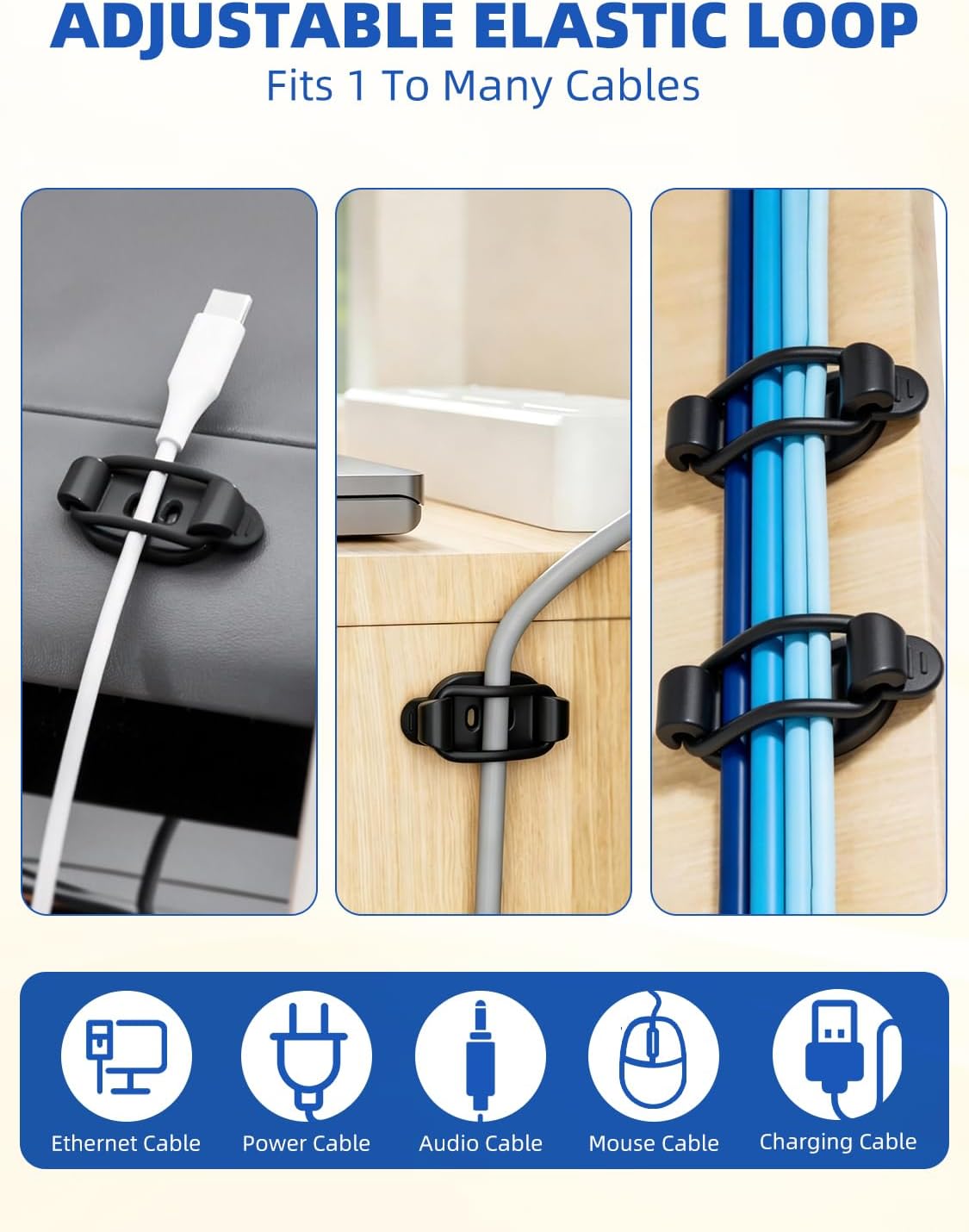 10 Pack Adhesive Cable Clips, Adjustable Cable Management Clips Black