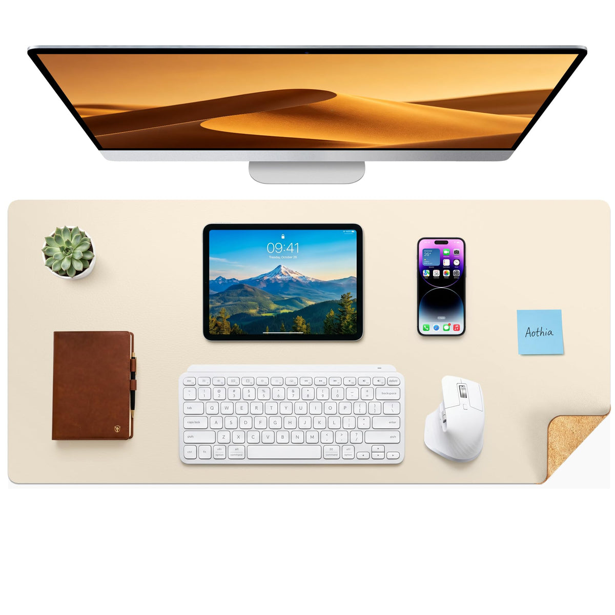 Aothia Double-Sided Desk Pad, 35.4" x 15.7"Leather Desk Mat, Eco Cork Desk Pad Protector,Large Mouse Pad,Waterproof Desk Blotter for Office/Home(Brown)