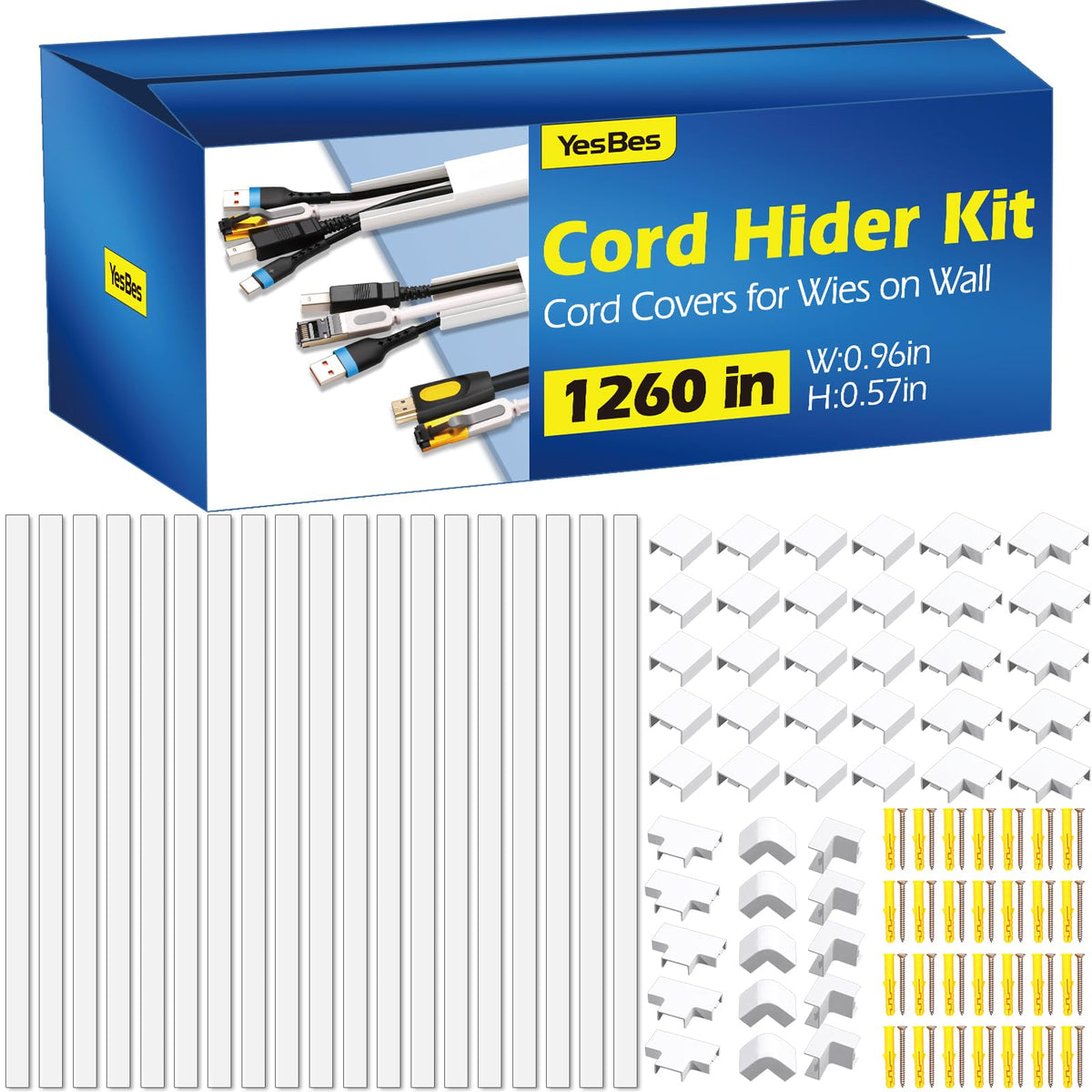 YesBes Cord Hider Kit for Wall Mount TV, Covers for Wires on Wall, Paintable Cable Raceway, W0.96in X H0.57in, 116in, White
