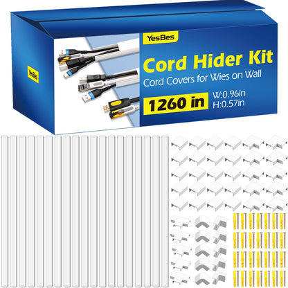 YesBes Cord Hider Kit for Wall Mount TV, Covers for Wires on Wall, Paintable Cable Raceway, W0.96in X H0.57in, 116in, White