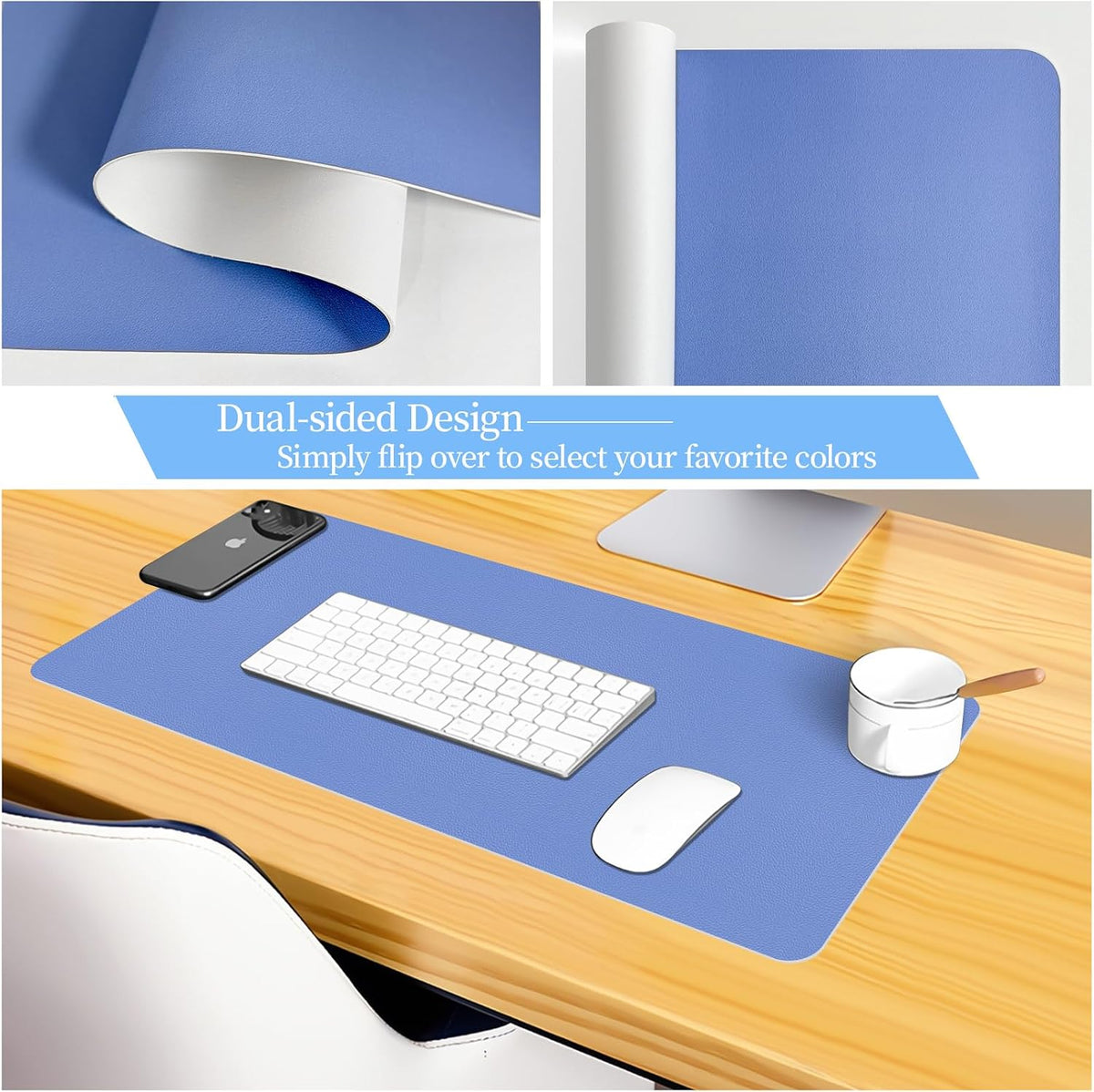 Bloss Blue Leather Desk Mat Protector,Leather Mouse Pad,Laptop Protector Desks Mat,Office Desks Mats,Keyboard Desks Mats,Computer Mat,Dual-Side Waterproof Desk Writing Pad for Office/Home.23.6"x 13.8"