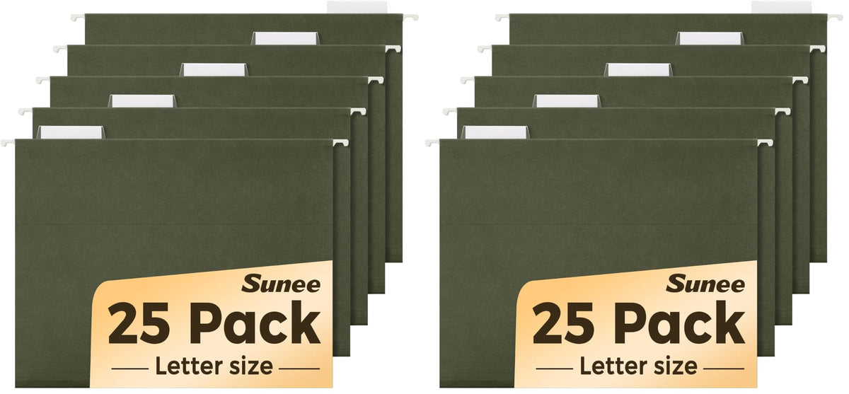 SUNEE Hanging File Folders, 25 Pack Reinforced Hang Folders Letter Size, Adjustable 1/5-Cut Tabs, Designed for Bulky Files, Filing Cabinet, Standard Green