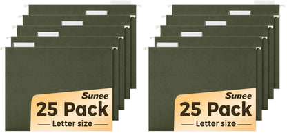 SUNEE Hanging File Folders, 25 Pack Reinforced Hang Folders Letter Size, Adjustable 1/5-Cut Tabs, Designed for Bulky Files, Filing Cabinet, Standard Green