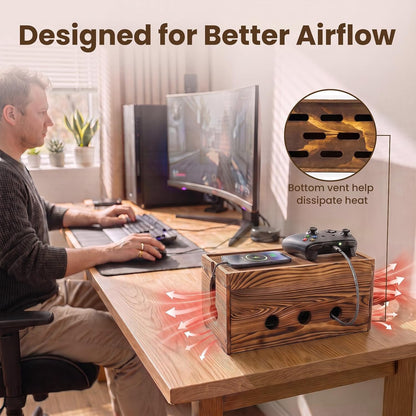Large Cable Management Box Wooden Cord Organizer Box for Power Strip, Surge Protector, Extension Cords, Chargers & Wires, Cable Hider Box for Desk