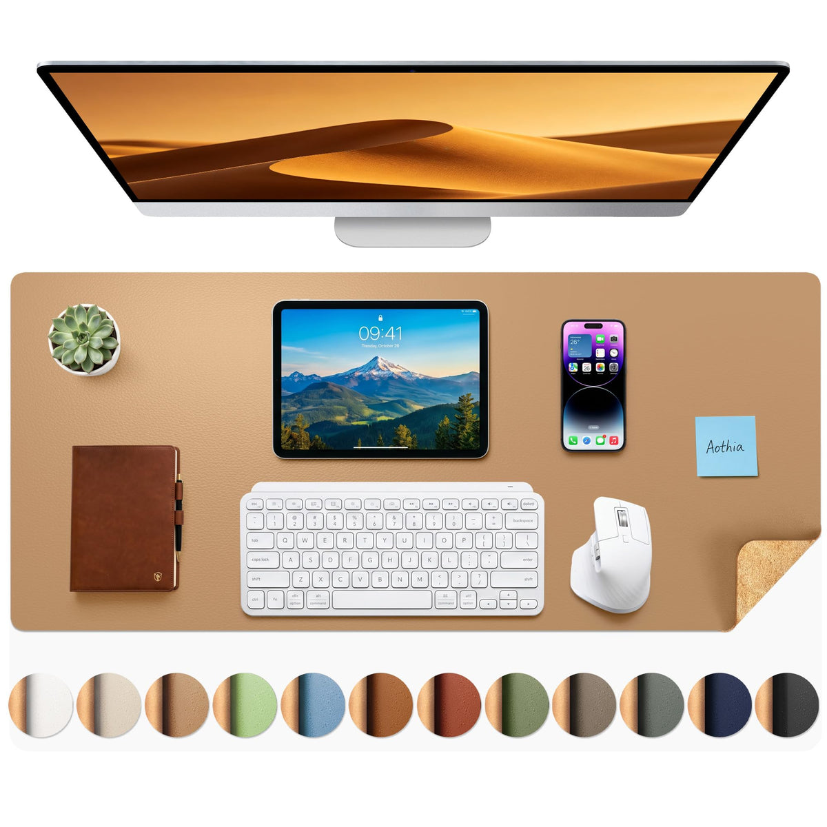 Aothia Double-Sided Desk Pad, 35.4" x 15.7"Leather Desk Mat, Eco Cork Desk Pad Protector,Large Mouse Pad,Waterproof Desk Blotter for Office/Home(Brown)