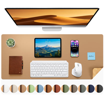 Aothia Double-Sided Desk Pad, 35.4" x 15.7"Leather Desk Mat, Eco Cork Desk Pad Protector,Large Mouse Pad,Waterproof Desk Blotter for Office/Home(Brown)