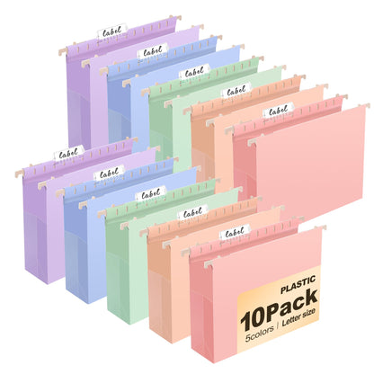 5 Pack Pastel Plastic Hanging File Folders, 2" Expansion Letter Size