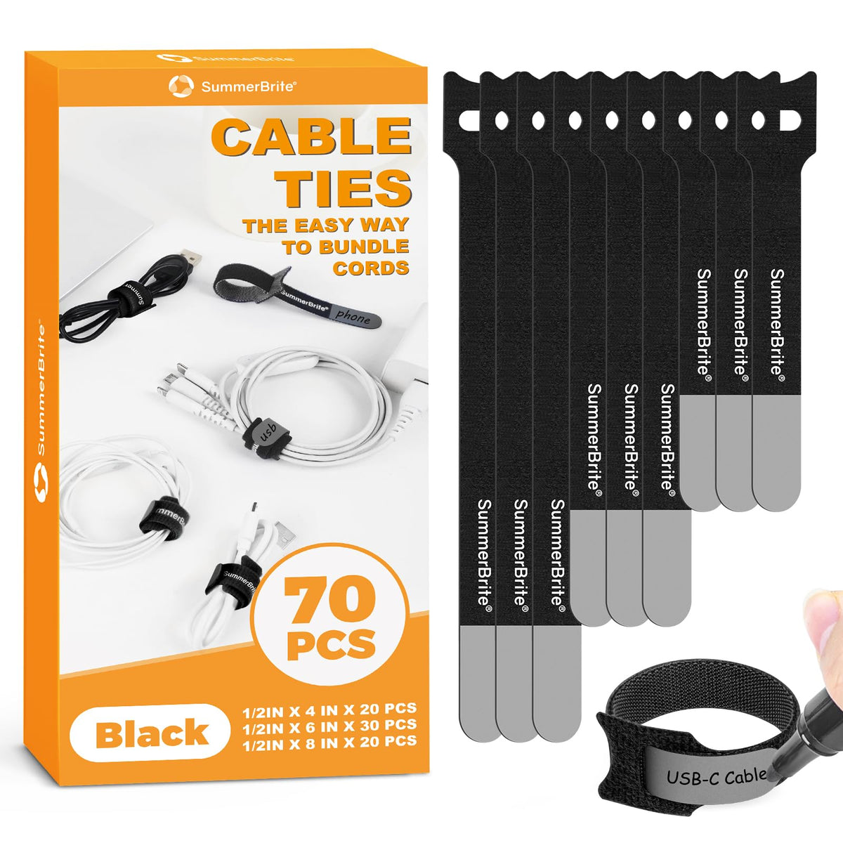 Cable Ties with Writable Labels, Wire Management, Black, 70 PCS, 6 IN