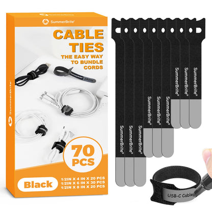 Cable Ties with Writable Labels, Wire Management, Black, 70 PCS, 6 IN
