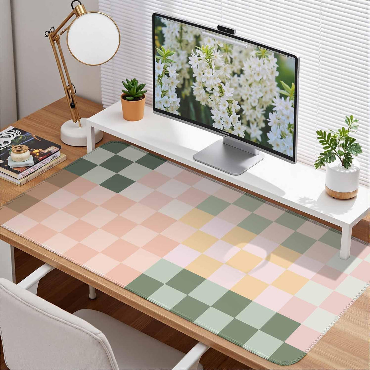Checkered Desk Mat Cute Pink Pastel XXL Large Mouse Pad Aesthetic Boho Desk Pad with Stitched Edges, Office Decor Keyboard Pad Mouse Mat for Computer