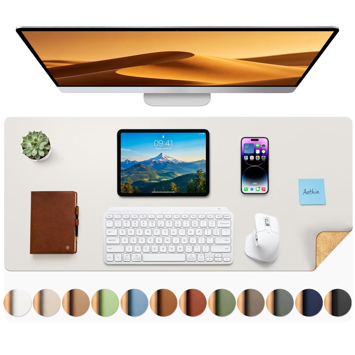 Aothia Double-Sided Desk Pad, 35.4" x 15.7"Leather Desk Mat, Eco Cork Desk Pad Protector,Large Mouse Pad,Waterproof Desk Blotter for Office/Home(Brown)