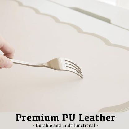 Scalloped Desk Mat, 31.5" x 15.7" Large Cute Aesthetic Desk Accessories, PU Leather Computer Laptop Desk Mouse Keyboard Pad, Desk Writing Mat for Vanity/Work/Home Decor (Beige, 31.5" x 15.7")
