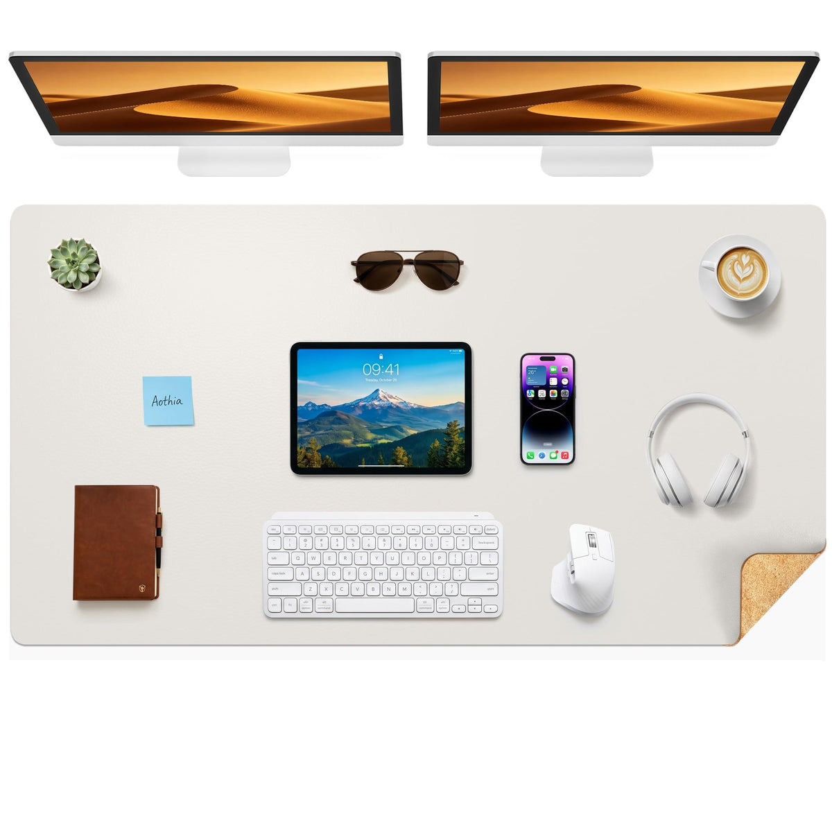 Aothia Double-Sided Desk Pad, 35.4" x 15.7"Leather Desk Mat, Eco Cork Desk Pad Protector,Large Mouse Pad,Waterproof Desk Blotter for Office/Home(Brown)