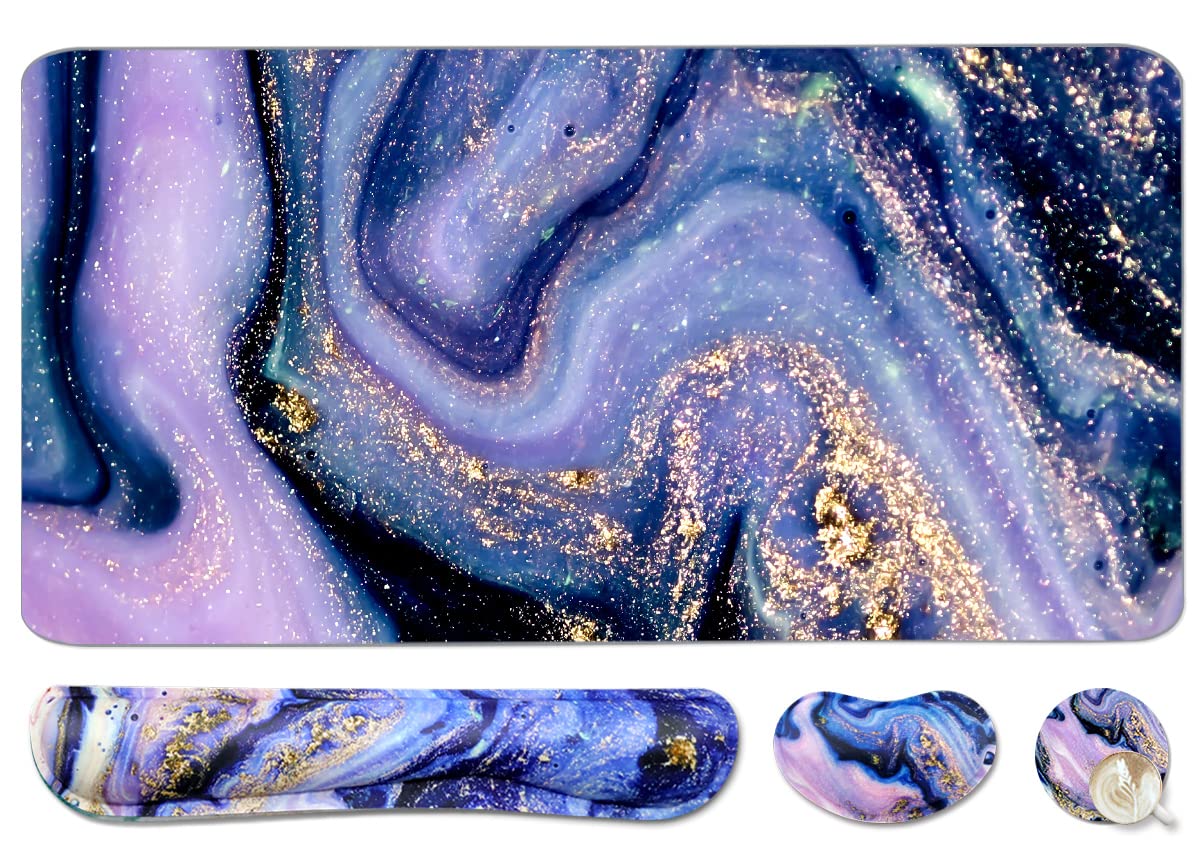 4-in-1 Large Gaming Mouse Pad, Keyboard Wrist Rest Pad & Wrist Support Mousepad Set, Extended Desk Pad Waterproof Desk Mat for Home Office Study Game-Pink Gold Marble