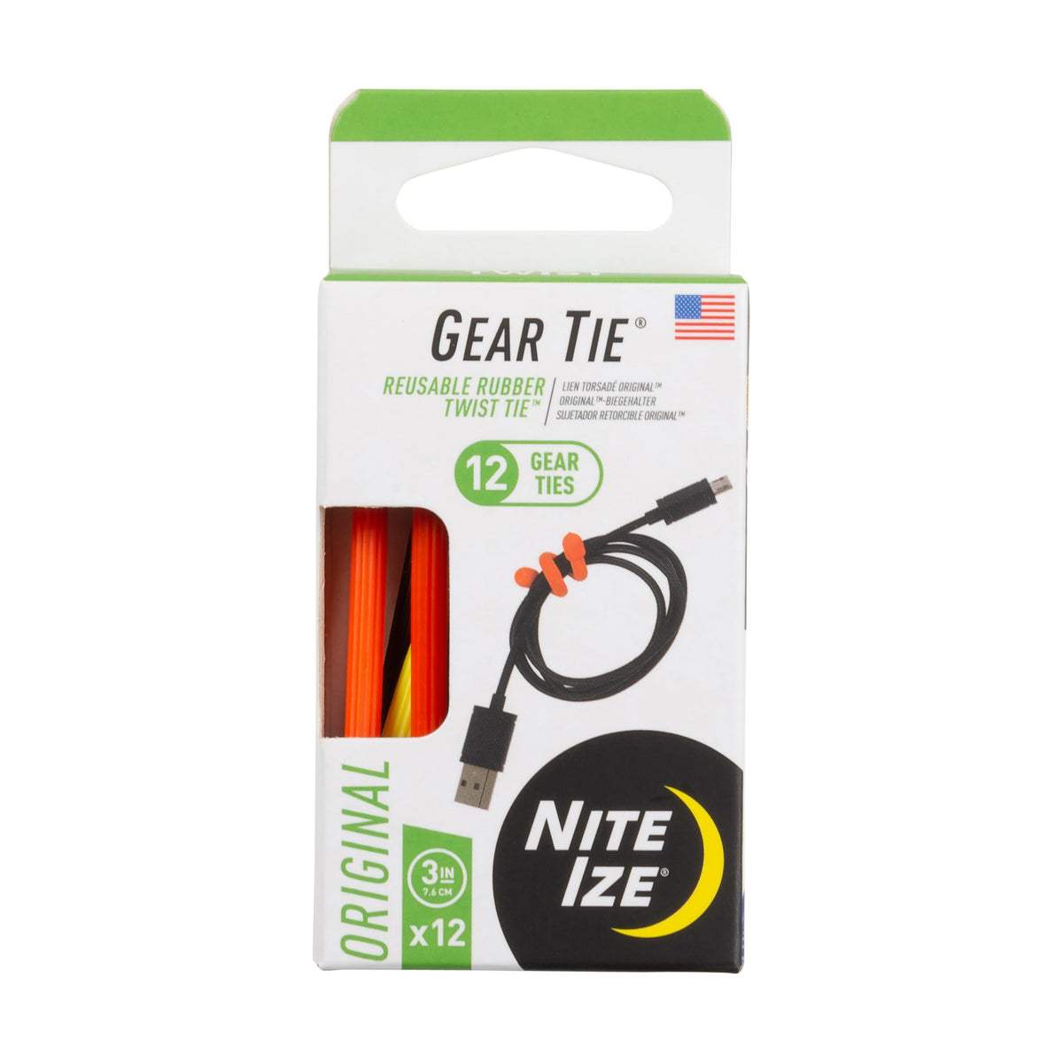 Nite Ize Original Gear Tie - 6-Inch Reusable Rubber Twist Tie - Reusable Gear Ties - Electric Cord Organizers - Twist Ties for Cords - Reusable Zip Ties - Black, 6-Inch, 12 Pack