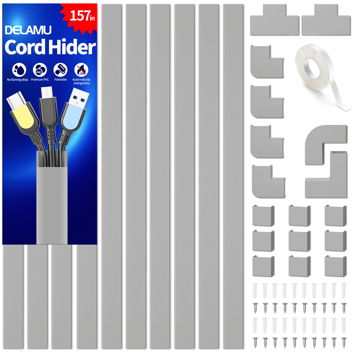 Delamu Cord Hider, 157in Wire Covers for Cords on Wall, Premium Cable Hider Cord Covers for Wires, Cable Management Wire Hiders for TV, Cable Raceway Kit, W0.95 H0.55in, White