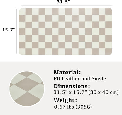 Ohocut Checkered Desk Mat, 31.5" x 15.7" Large Cute Beige Khaki Aesthetic Retro Accessories, PU Leather Computer Laptop Desk Mat Mouse Keyboard Pad, Desk Writing Makeup Mat for Vanity/Work/Home Decor