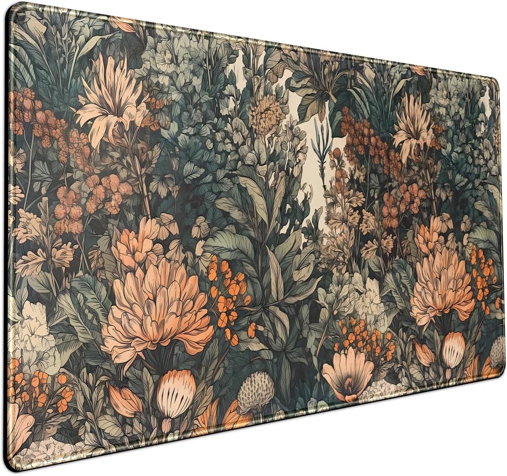 Boho Aesthetic Desk Mat Wildflowers Large Mouse Pad Gaming Desk Pad, XXL Keyboard Mat Full Desktop Women Office Desk Accessories with Stitched Edges Anti-Slip Funny Deskpad, 31.5 X 15.8 in