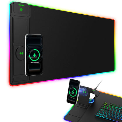 Wireless Charging Mouse Pad with Foldable Phone Holder, 31.5"x15.8", Black