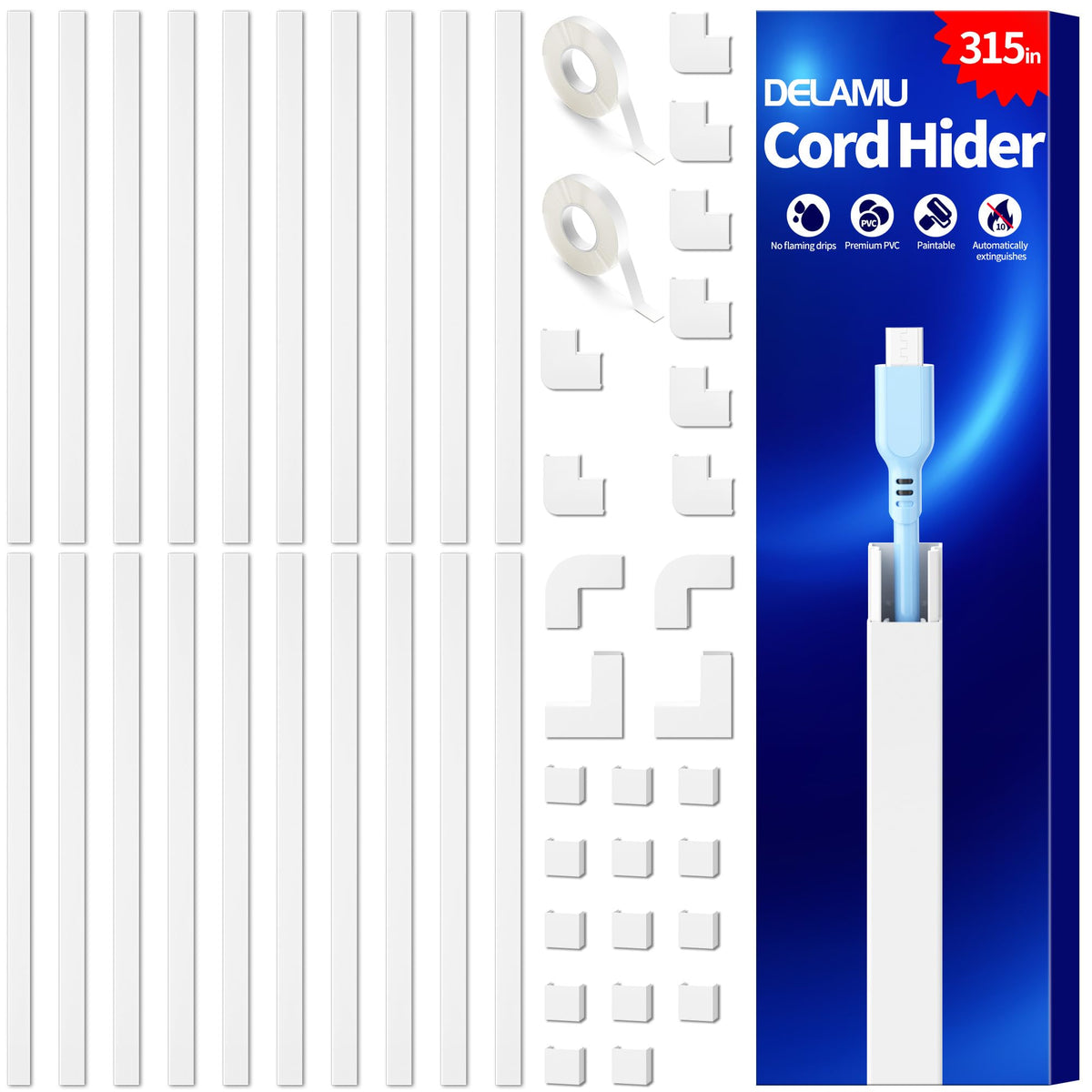 Delamu Cord Hider, 157in Wire Covers for Cords on Wall, Premium Cable Hider Cord Covers for Wires, Cable Management Wire Hiders for TV, Cable Raceway Kit, W0.95 H0.55in, White