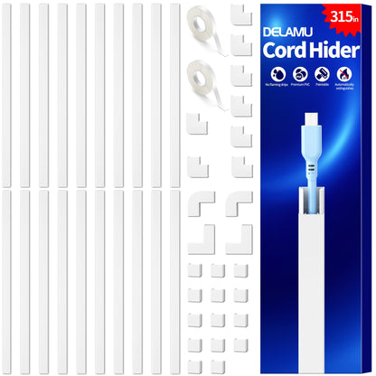 Delamu Cord Hider, 157in Wire Covers for Cords on Wall, Premium Cable Hider Cord Covers for Wires, Cable Management Wire Hiders for TV, Cable Raceway Kit, W0.95 H0.55in, White