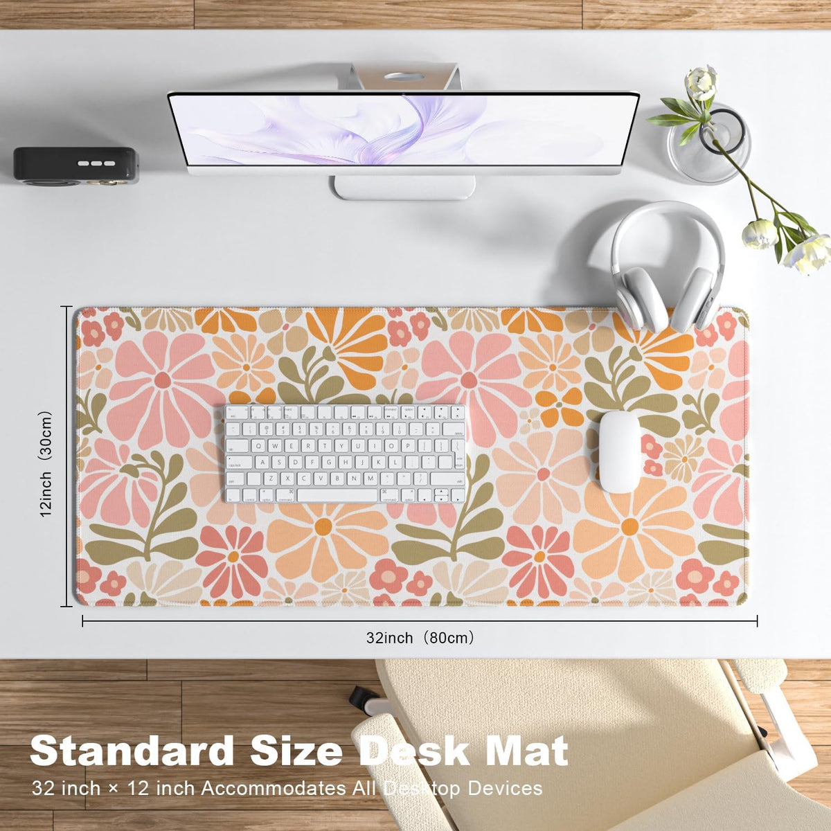Desk Mat, Large Gaming Mouse Pad, 32" x 12", Boho Retro Floral